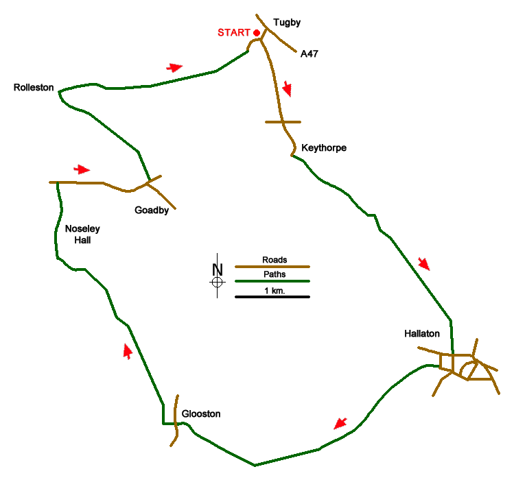Route Map - Hallaton, Glooston & Rolleston from Tugby
 Walk