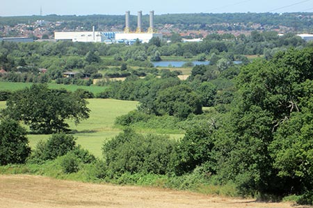 Wheat field with the Rye House power station seen in the distance

